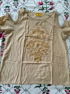 Beige Cold Shoulder Top with Gold Print