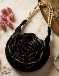 Black Crochet Flower Handbag
