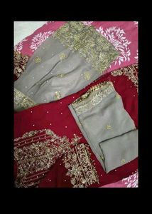 Embroidered Red Kurta Set with Grey Palazzo
