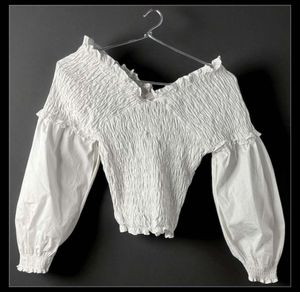 Zara White Smocked Off-Shoulder Crop Top Size Xs