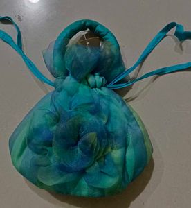 Teal Striped Drawstring Pouch