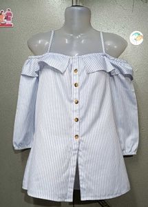 Cute Doll Collar Off-Shoulder Blue Striped Top