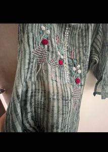 Embroidered Striped Kurta with White Pants