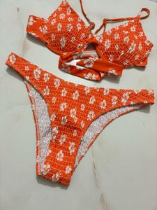 Orange Floral Smocked Bikini Set