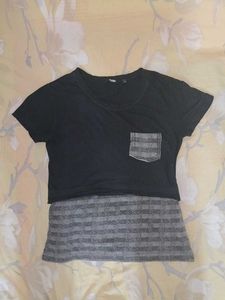 2-Piece Set - Black Crop Tee + Striped Cami