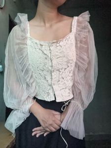 Sheer Lace Button-Up Blouse