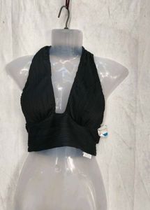 17216. Black Halter Neck Plisse Crop Top