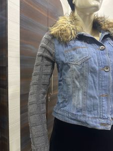 Denim Jacket with Fur Collar