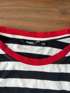 Black &amp; White Striped T-Shirt with Red Trim