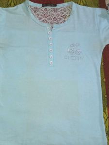 Light Blue Henley Top with Lace Detail