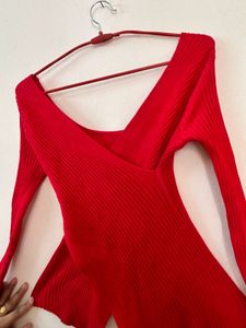 Red Ribbed Wrap Top