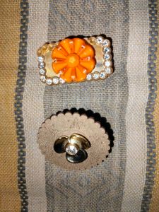 Orange Flower & Crystal Brooch Set