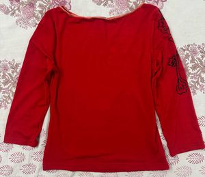Red Embroidered 3/4 Sleeve Top