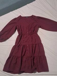 Maroon Tiered Button-Up Midi Dress