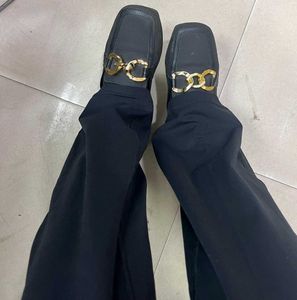 Black Mules with Gold Chain