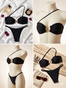 Chic Black Bikini Top with Gold Detail