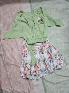 Adorable Girls Green Top & Floral Skirt Set