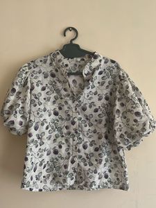 Puff Sleeve Pure Cotton Button-Up Top