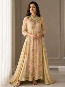 Elegant Beige & Pink Embroidered Gown