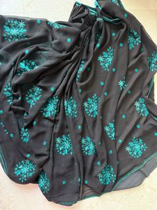 Embroidered Black Chiffon Saree