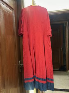Red Button-Down long  Kurta /dress  with Blue Hem