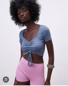 Blue Ruched Drawstring Crop Top