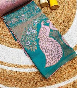 Elegant Pink &amp; Teal Peacock Saree