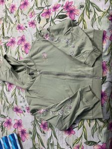 Olive Green Embroidered Zip Hoodie