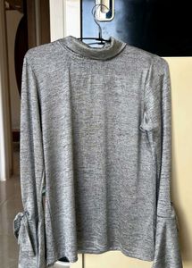 Grey Mock Neck Tie Sleeve Top