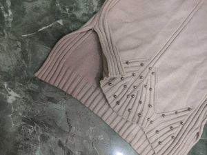 Beige Studded Knit Sweater Dress