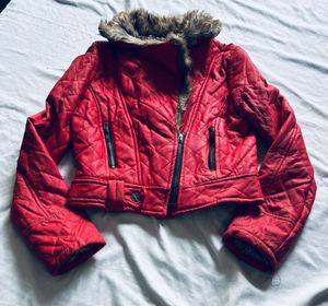 Red Quilted Faux Leather Jacket with Fur Collar