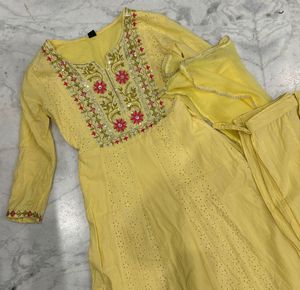 Yellow Chikankari Embroidered Anarkali Set