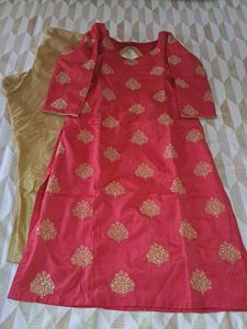 Pink Kurta with Golden print pants