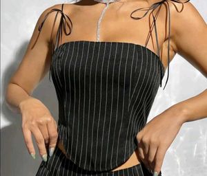 pintrestee Pinstripe Lace Trim Corset Top🌷