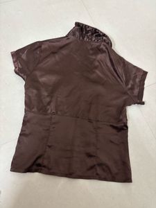 Chic Brown Satin Collared Top