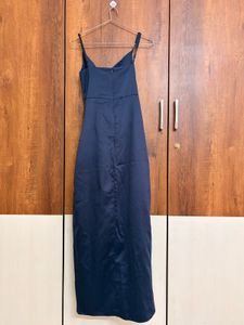 Elegant Navy Blue Satin Midi Dress