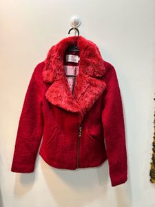Chic Red Faux Fur Trim Jacket