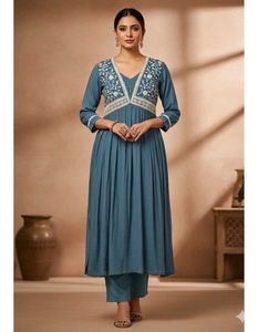 Blue Embroidered Kurti Pant Set for Women Party
