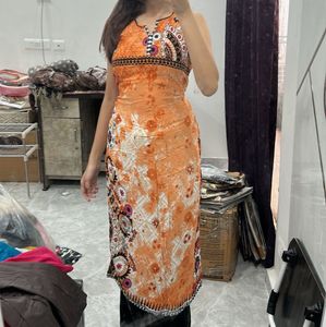 Orange Floral Ethnic Kurta