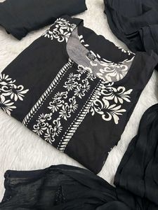 Elegant Black Kurta Set with White Print