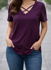 Stylish Criss-Cross Neck Purple T-Shirt