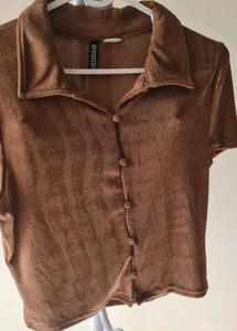 H&amp;M Brown Velour Collared Button-Up Top