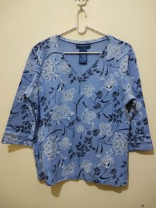 Karen Scott Blue Top With Black White Floral Print