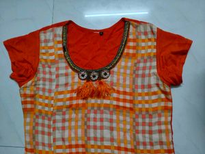 Orange Checkered Kurti with Embellished Neckline