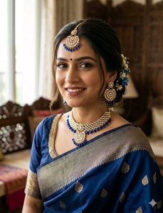 Stunning Kundan &amp; Blue Bead Jewellery Set