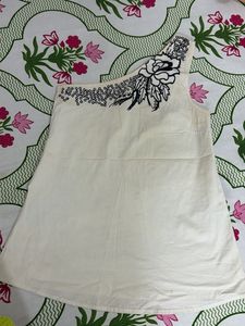 Cream One-Shoulder Dress with Floral Embroidery