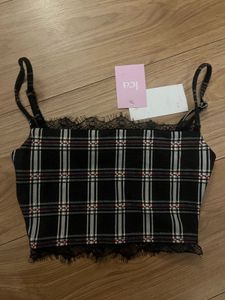 Lea clothing co Chic Plaid Crop Top with Lace Trim