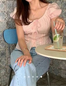 Savana Form fitting Puff Sleeve Pink tie up top