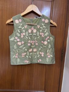Olive Embroidered Silk Blouse/ Top