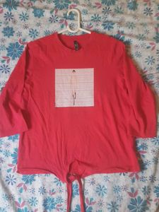 Vibrant Red 3/4 Sleeve Top with Unique Print